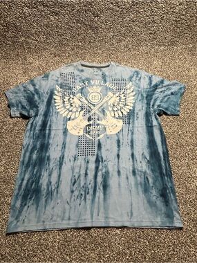 Dkny Men's Blue Tie-Dye Graphic Tee with White Crest